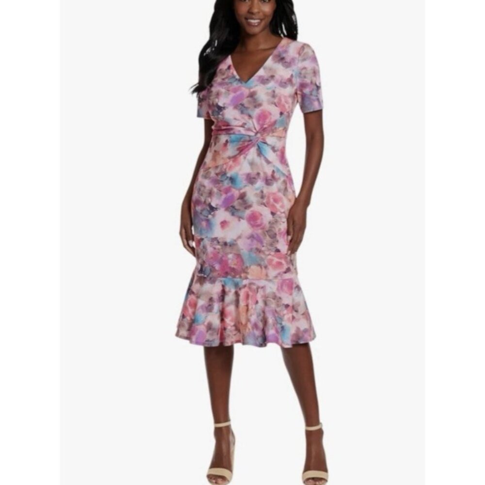 London Times Dress 14 Pink Floral Short Sleeve Stretch Washable NEW